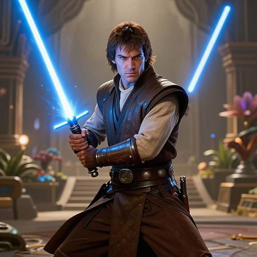 Photograph-style CGI of a serious, brown-haired man in a dark vest and brown pants, wielding glowing blue lightsabers in a futuristic, dim