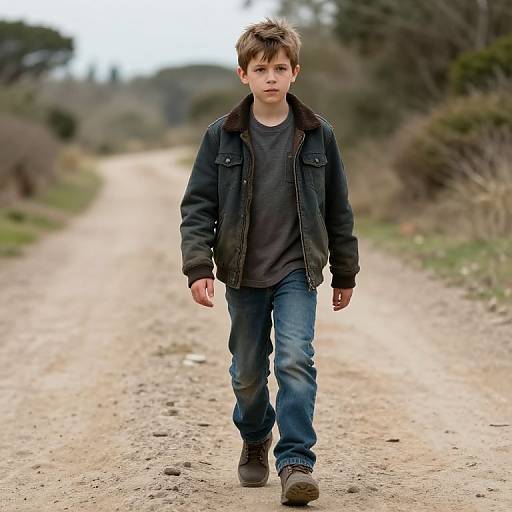 Photograph of a young boy with tousled brown hair, wearing a black jacket, gray shirt, blue jeans, and brown shoes, walking down a