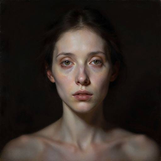 Digital portrait of a pale-skinned, young woman with delicate features, green eyes, and dark brown hair, set against a black background. Realistic