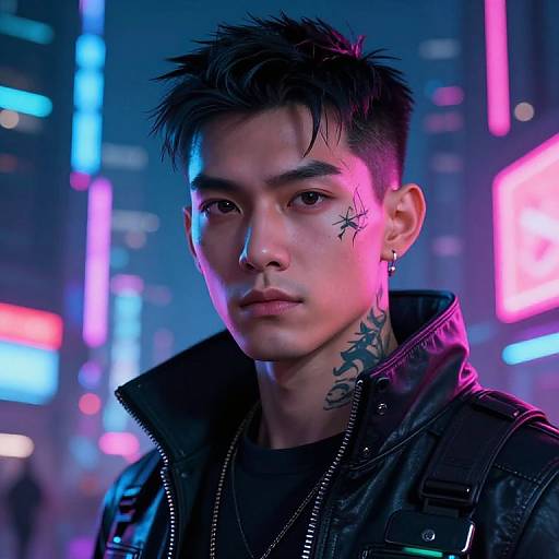 Neon-lit cityscape photograph of a tattooed Asian man with spiky black hair, black leather jacket, and piercing gaze, illuminated by blue