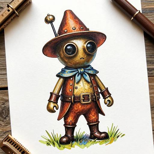 Whimsical watercolor drawing of a wide-eyed, wooden puppet in a red wizard hat, orange pants, blue scarf, and brown boots, standing
