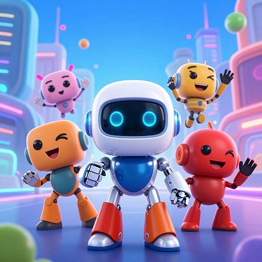 CGI image of four adorable, colorful robot characters with glowing eyes, standing in a futuristic cityscape with neon lights.