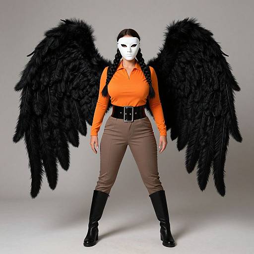 Photograph of a woman with white mask, black feathered wings, orange shirt, brown pants, black boots, and black belt.