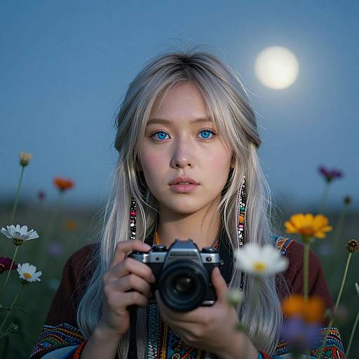 Photograph of a young blonde woman with blue eyes, holding a camera, in a moonlit field of colorful flowers, wearing a patterned top.