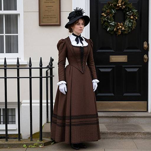 Photograph of a woman in a Victorian-style brown dress, white gloves, black hat, standing in front of a black door with a wreath,