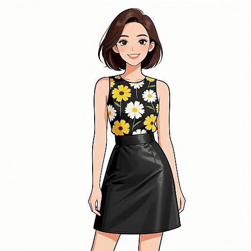 Digital anime-style drawing of a smiling woman with short brown hair, wearing a black sleeveless dress with yellow and white sunflower print, and a black