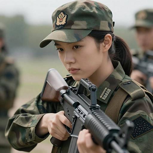 Camouflaged Female Soldier Training Portrait