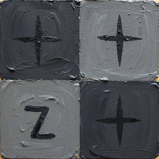Photograph of four square canvases with thick, textured black and gray paint, each featuring a bold, central star or number 7.