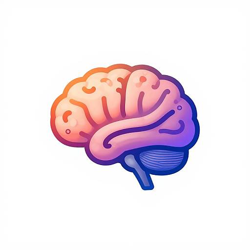 Digital illustration of a colorful, cartoon-style human brain with pink and purple hues, outlined in blue, against a white background.
