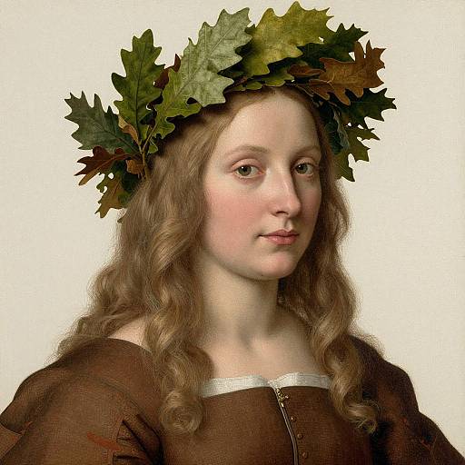 Renaissance-style portrait of a young woman with wavy brown hair, fair skin, wearing a brown dress, and a leafy green and brown