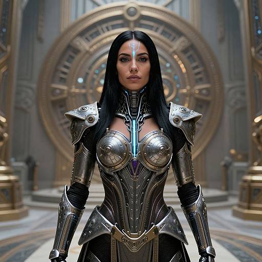 CGI image of a dark-haired woman in detailed, metallic armor with a glowing forehead mark, standing in a grand, ornate hall with circular,