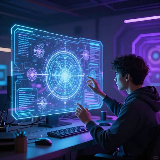 Photograph of a curly-haired, young man in a hoodie, interacting with a glowing blue holographic interface on a computer screen in a neon-lit