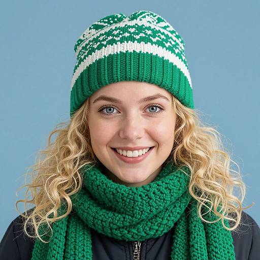 Photograph of smiling blonde woman with curly hair, wearing green and white patterned knit hat, green scarf, and black jacket, against light blue background