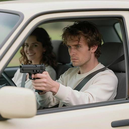 Serious Man Driving with Confident Woman