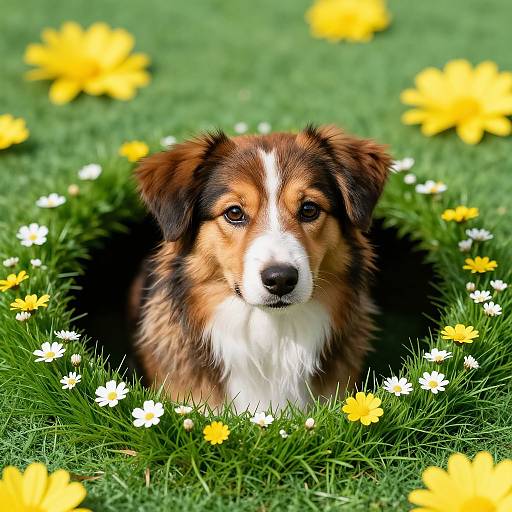 Dog Peeking Through Flowered Grass