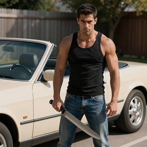 Intense Man with Knife by Convertible