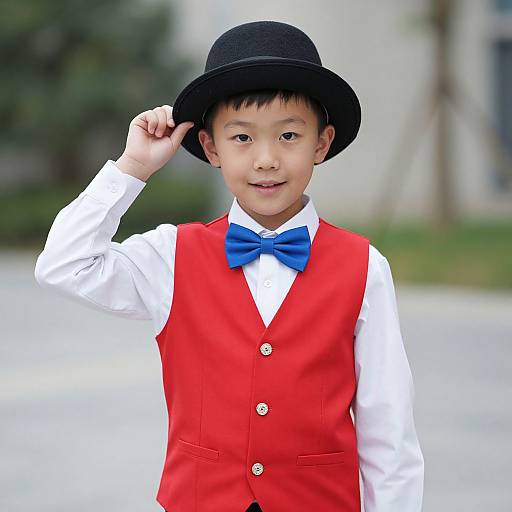 Photograph of an Asian boy in a black bowler hat, red vest, white shirt, and blue bow tie, smiling outdoors.