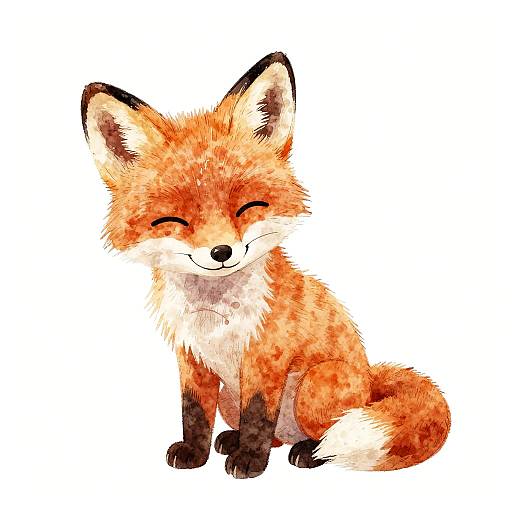 Cute, digital watercolor drawing of a smiling, orange and white fox with black-tipped ears and paws, sitting against a white background.