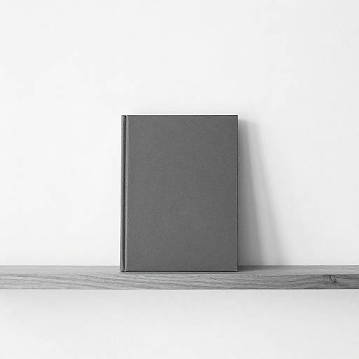 Photograph of a simple, dark gray, rectangular notebook standing upright on a light gray wooden surface against a white background.