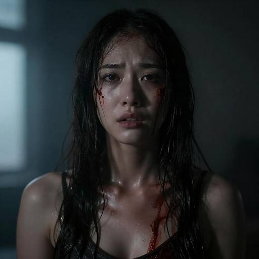 Distressed Woman with Blood in Dark Light