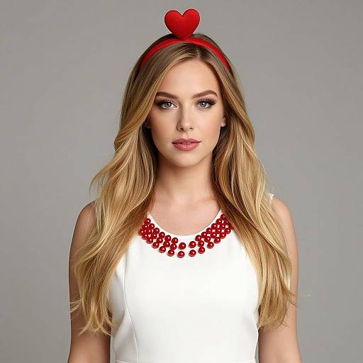 Blonde Woman in White Dress with Red Beads