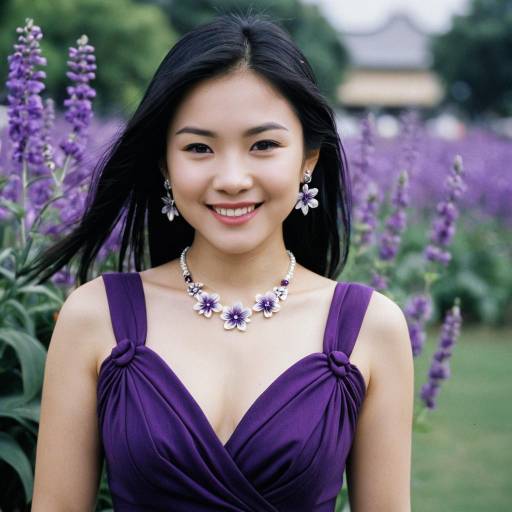 Smiling Asian Woman in Purple Dress with Floral Jewelry