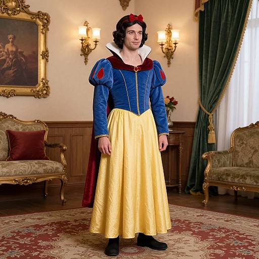 Photograph of a young man with curly hair in a Snow White costume standing in an ornate, vintage living room.