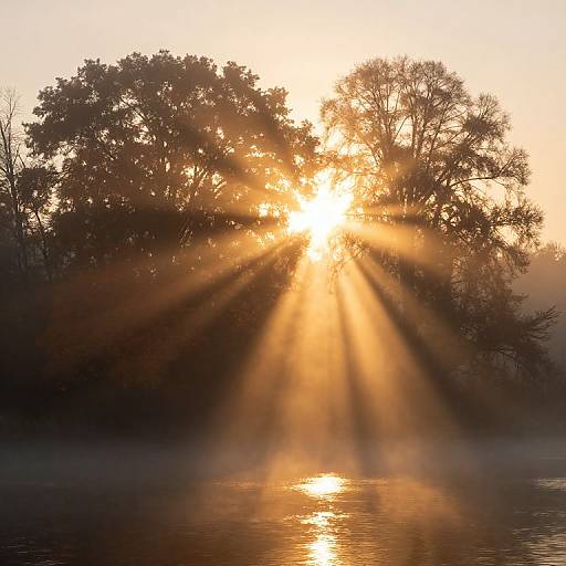 Golden Rays Over Misty Autumn Lake