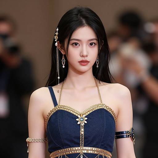 Photograph of an East Asian model with long black hair, wearing a denim and gold-chain adorned top, black armband, and intricate earrings,
