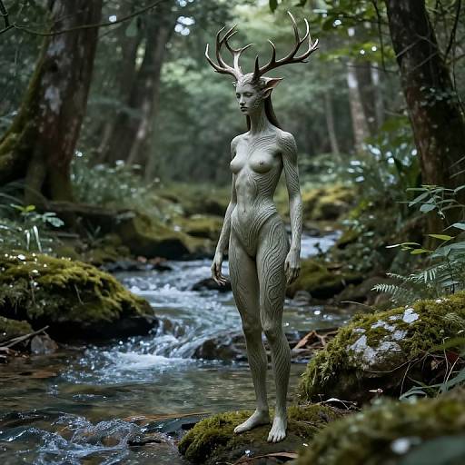 Digital art of a nude, pale-skinned, antlered female figure with tree-like patterns, standing in a lush forest beside a flowing stream.