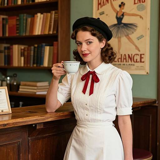 Vintage-style photograph of a smiling woman with dark curled hair, wearing a black beret, white blouse with red ribbon, and white apron, holding