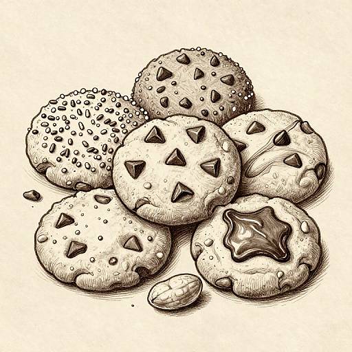 Ink drawing of six round cookies with various textures and toppings, including spikes, sprinkles, and a star shape, on white background.