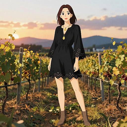 Anime-style digital illustration of a smiling woman with short brown hair, wearing a black dress and brown ankle boots, standing in a vineyard at sunset.