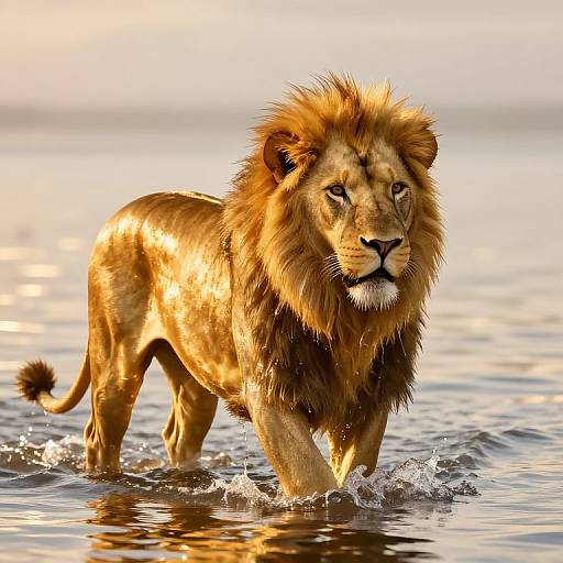 Photograph of a majestic male lion with a golden mane, walking through shallow water at sunset, creating a reflective, shimmering effect.