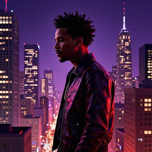Silhouetted African-American man with afro, leather jacket, and necklace, stands in a neon-lit, futuristic cityscape at night.