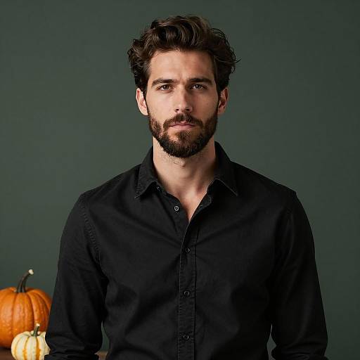 Handsome man with beard in black shirt and pumpkins