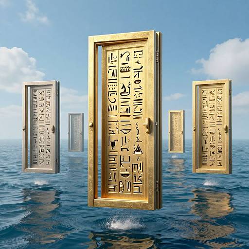 Digital artwork of four golden, inscribed stone tablets floating on a blue ocean under a clear sky, with sunlight reflecting off the water.