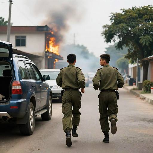 Soldiers Running Near Burning Building