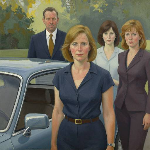 Photorealistic painting of four professionals standing beside a blue car; three women in business attire, one man in suit and tie, forest background.