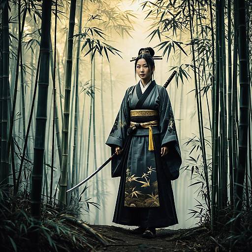 Asian Samurai Queen in Bamboo Forest