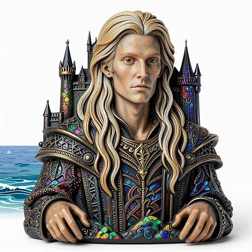Digital artwork of a stern, long-haired blonde man in ornate, colorful armor with intricate patterns, standing in front of a medieval castle by the ocean