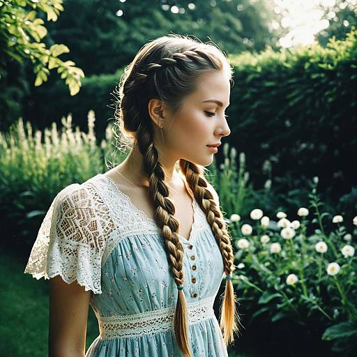Young Woman with Fishtail Braids in Garden