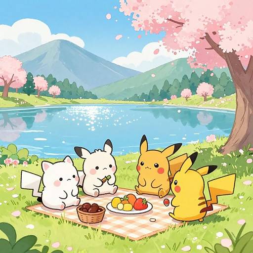Cute anime-style drawing: Pikachu and two Chikoritas have a picnic by a serene lake with cherry blossoms, mountains, and a bright