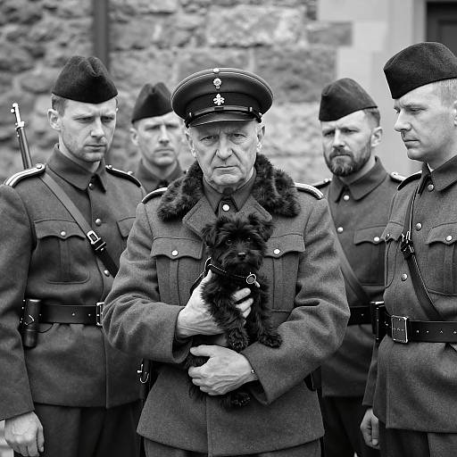 Black and White Vintage Military Portrait with Dog