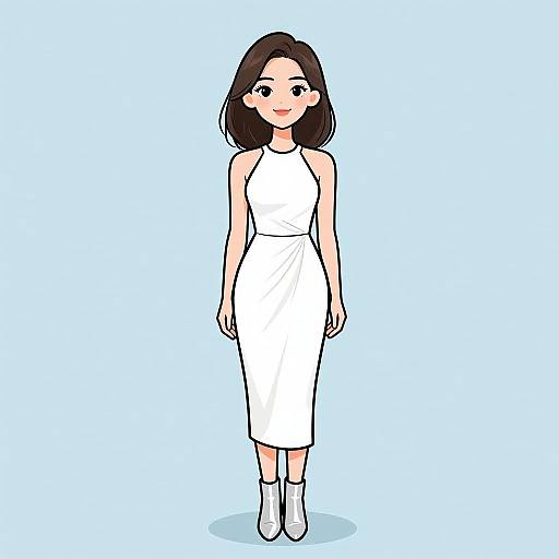 Digital illustration of a smiling woman with fair skin and black hair, wearing a white sleeveless knee-length dress and white boots, standing against a light blue