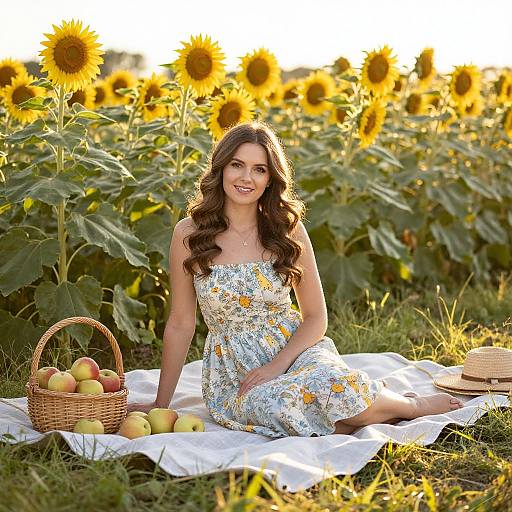 Photograph of a smiling brunette woman with wavy hair in a floral sundress, sitting on a white blanket in a sunflower field, with a