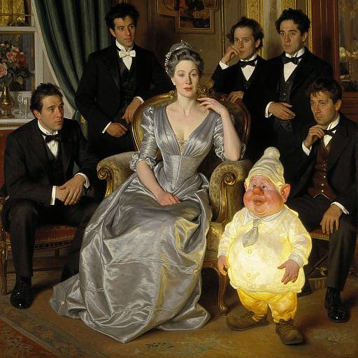 Victorian painting of a pale-skinned woman in a silver gown, seated with six men in black tuxedos, and a small, chubby