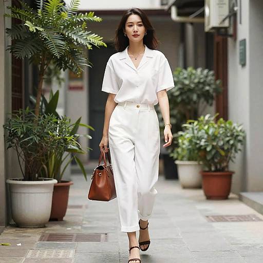 Photograph of an Asian woman in white outfit and black heels, carrying a brown handbag, walking in a sunlit, plant-lined alley.
