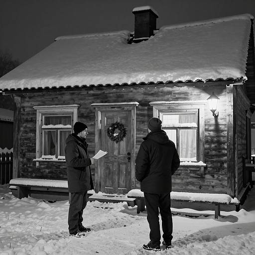 Snowy Night Scene in Black and White
