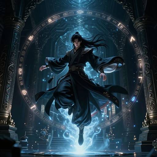 Digital art of a floating, black-robed warrior with flowing hair, surrounded by blue flames, and illuminated by a glowing circular pattern in a dark,